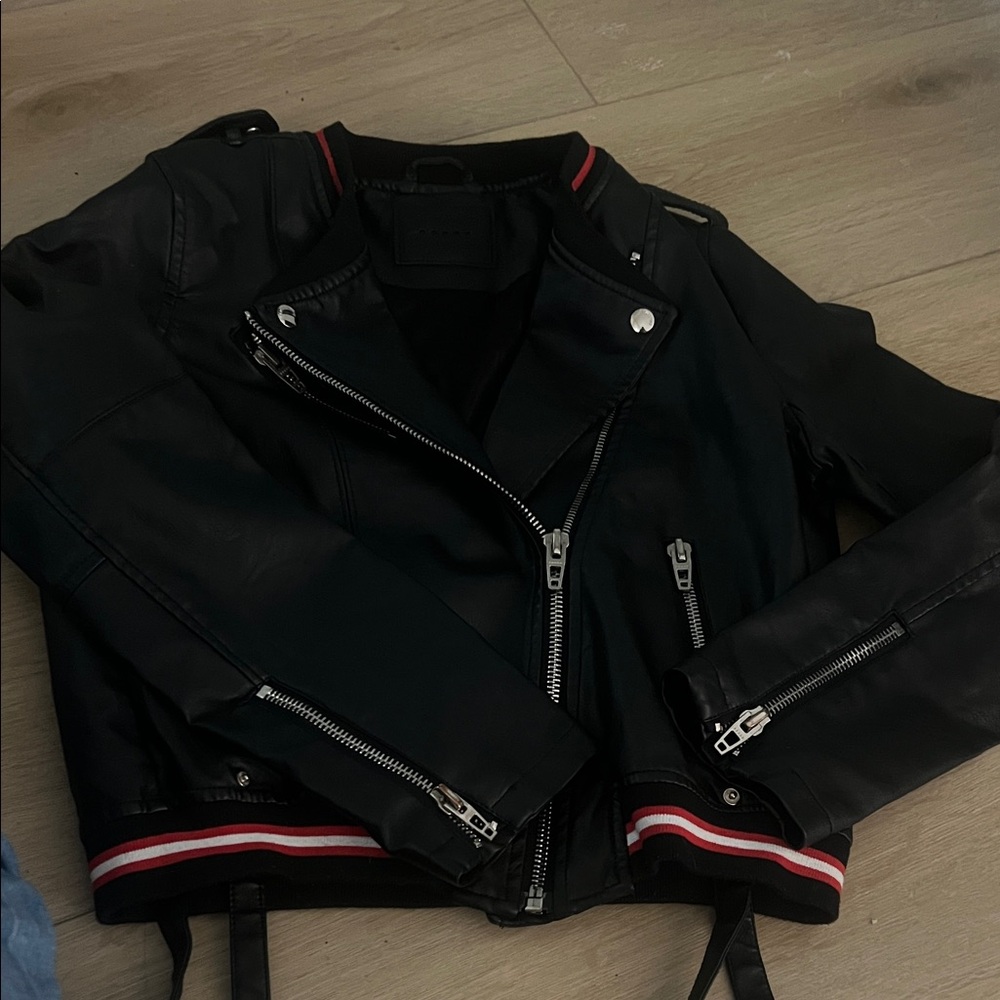 Blank NYC Black Bomber-Style Leather Jacket with Red and White Trim